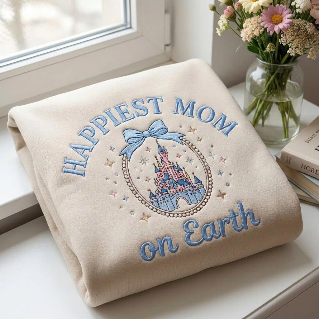 Embroidered Happiest Mom On Earth Mama Tee With Magic Castle Coquette Bow – Family Trip Outfit Sweatshirt And Mother's Day Gift - photo 2