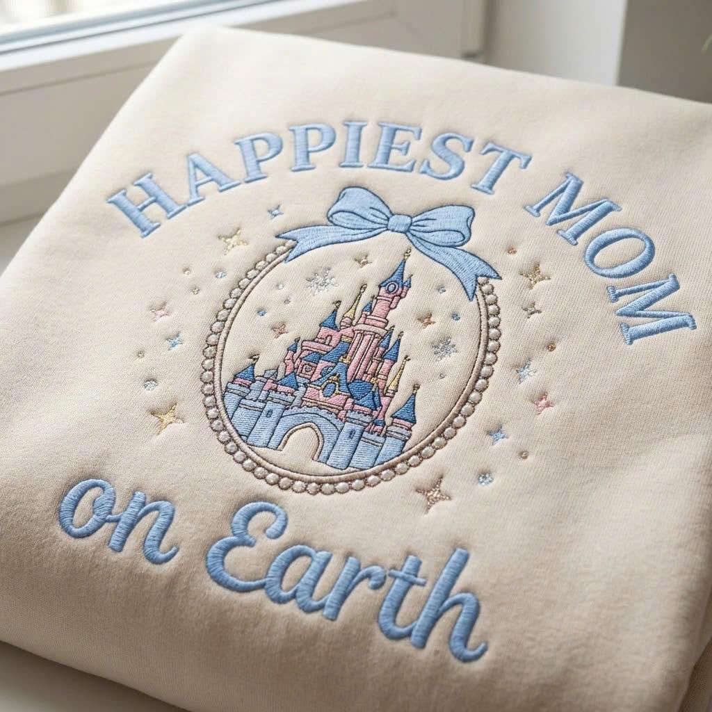 Embroidered Happiest Mom On Earth Mama Tee With Magic Castle Coquette Bow – Family Trip Outfit Sweatshirt And Mother's Day Gift - photo 4