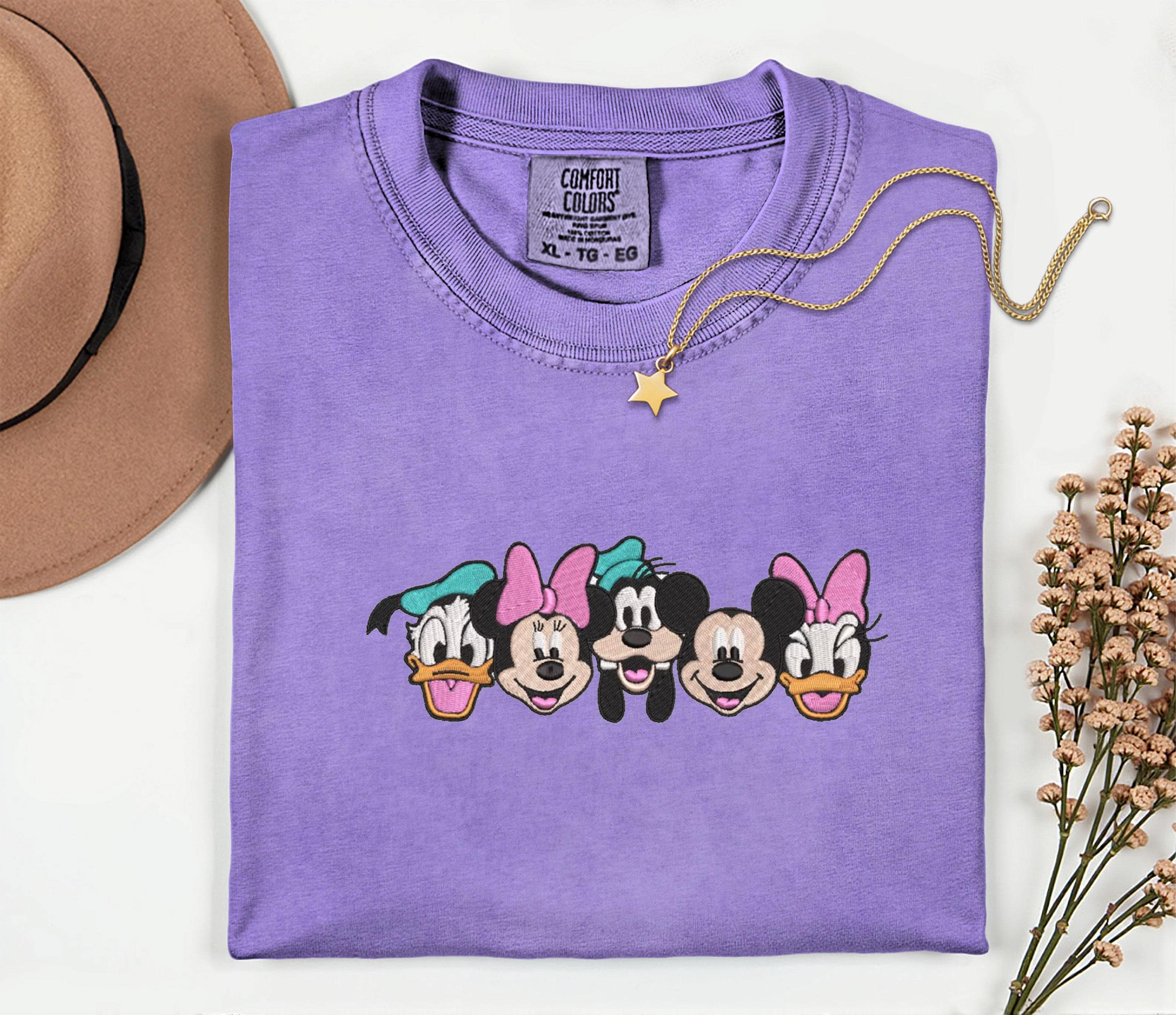 Embroidered Disney Characters Comfort Colors Shirt With Mickey And Friends – Womens Disney Vacation Family Matching Tee