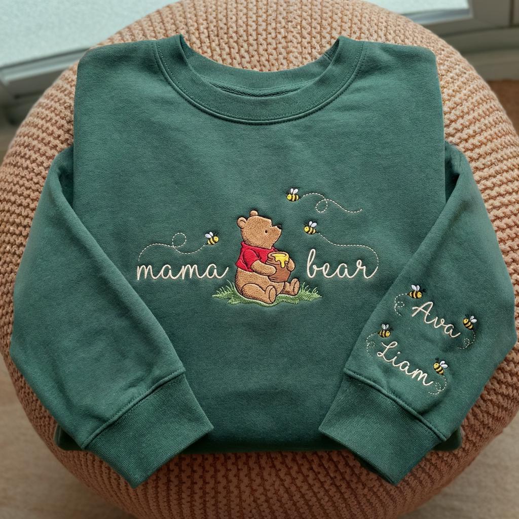 Personalized Mama Pooh Bear Embroidered Sweatshirt With Kids Name On Sleeve – Unique Mom Gift For Mothers Day