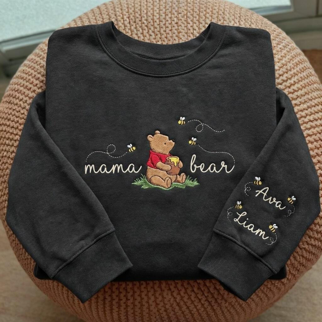 Personalized Mama Pooh Bear Embroidered Sweatshirt With Kids Name On Sleeve – Unique Mom Gift For Mothers Day - photo 2