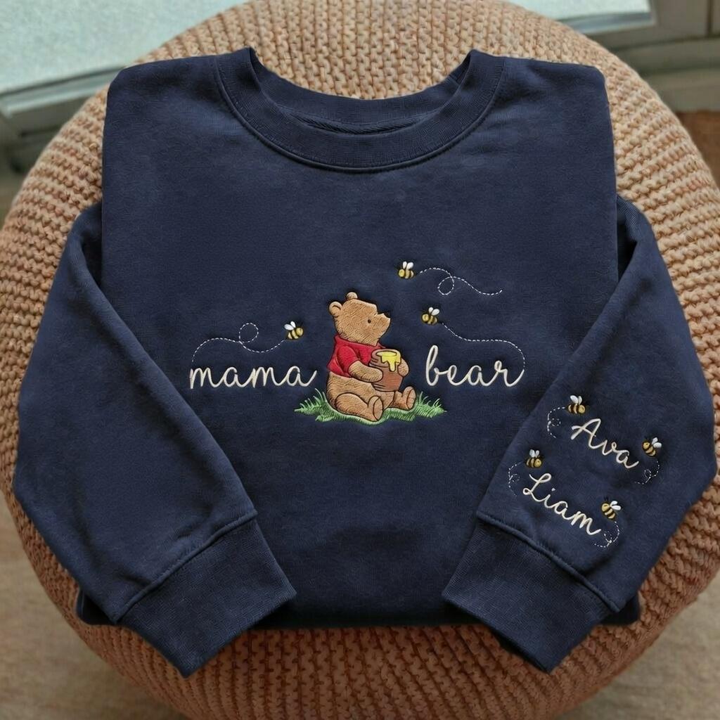 Personalized Mama Pooh Bear Embroidered Sweatshirt With Kids Name On Sleeve – Unique Mom Gift For Mothers Day - photo 3