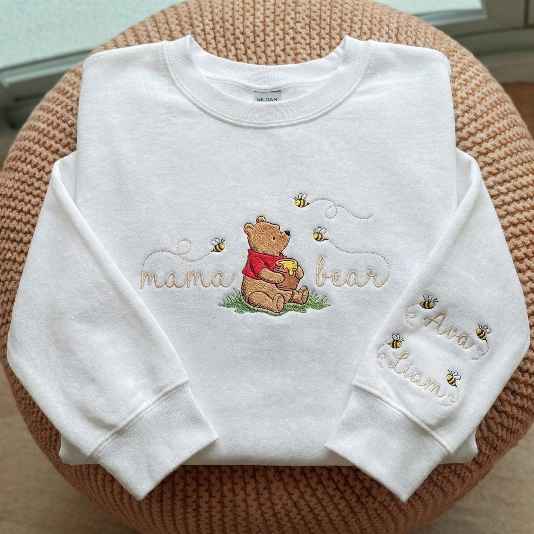 Personalized Mama Pooh Bear Embroidered Sweatshirt With Kids Name On Sleeve – Unique Mom Gift For Mothers Day - photo 4