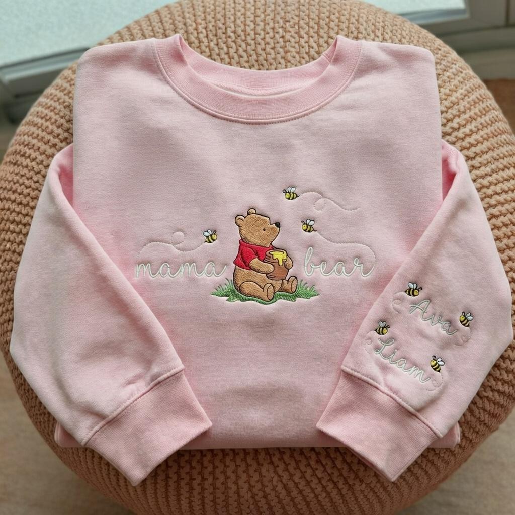 Personalized Mama Pooh Bear Embroidered Sweatshirt With Kids Name On Sleeve – Unique Mom Gift For Mothers Day - photo 5