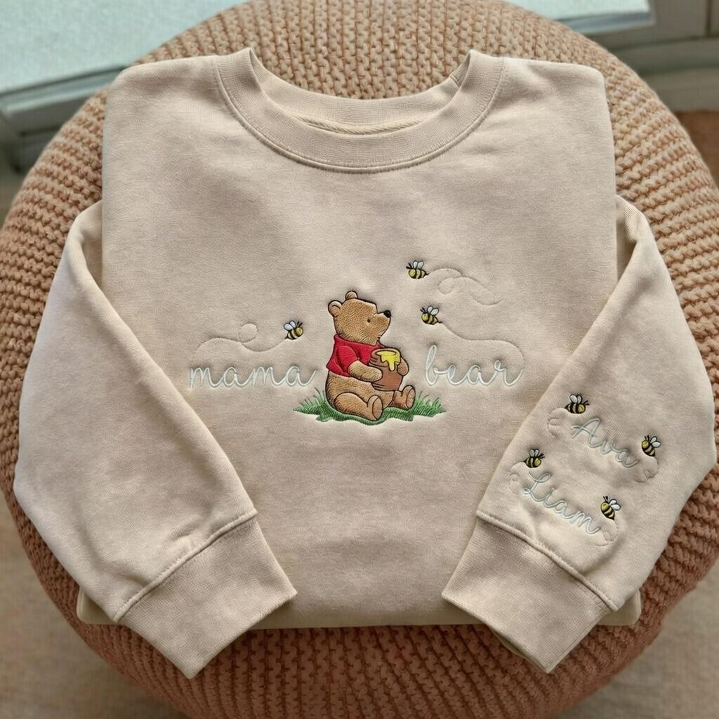 Personalized Mama Pooh Bear Embroidered Sweatshirt With Kids Name On Sleeve – Unique Mom Gift For Mothers Day