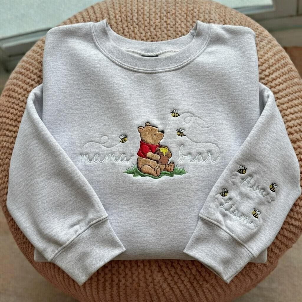 Personalized Mama Pooh Bear Embroidered Sweatshirt With Kids Name On Sleeve – Unique Mom Gift For Mothers Day - photo 7