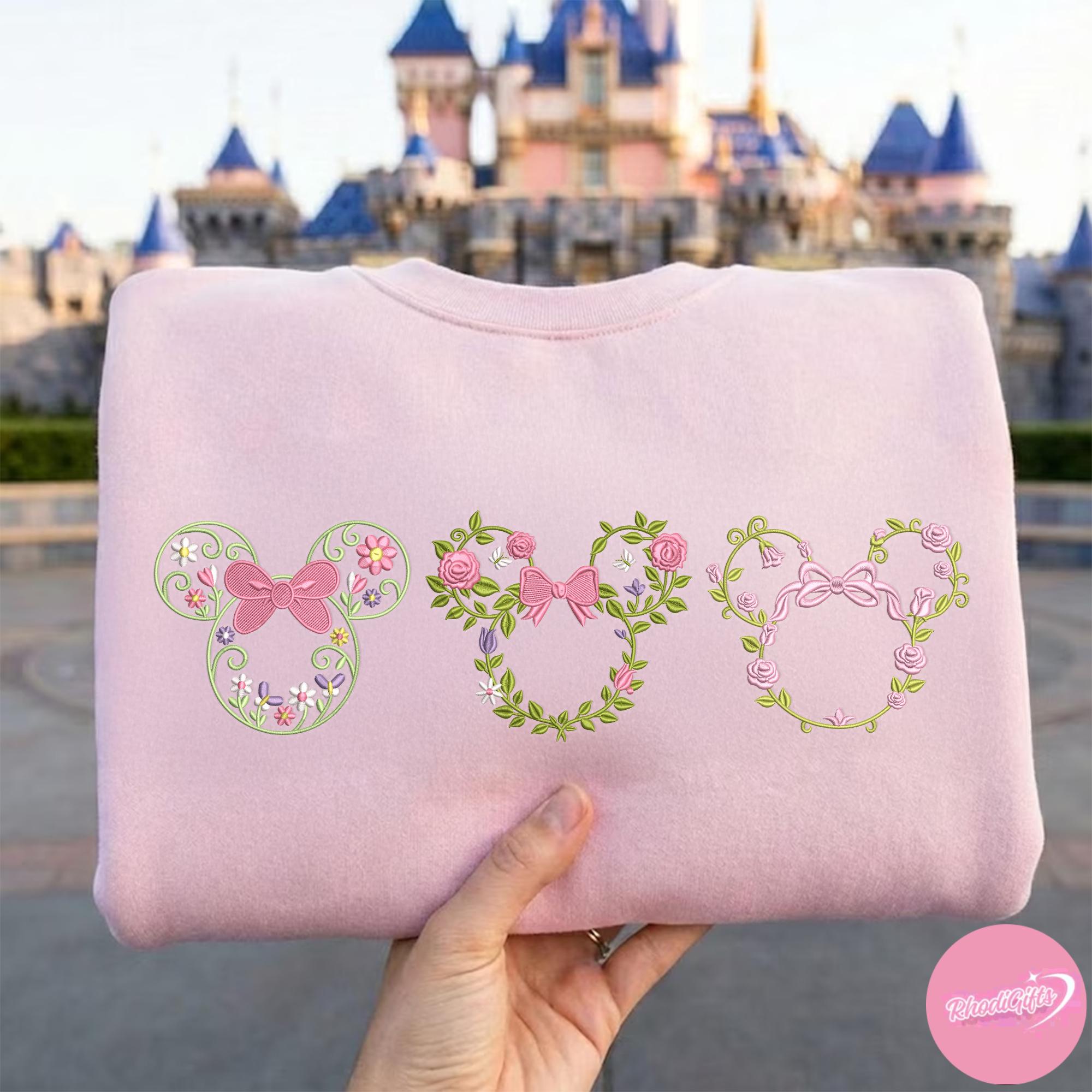 Embroidered Minnie Mouse Floral Sweatshirt Tshirt Or Hoodie – Mickey And Minnie Magic Kingdom WDW Disney Family Trip Shirt Gift