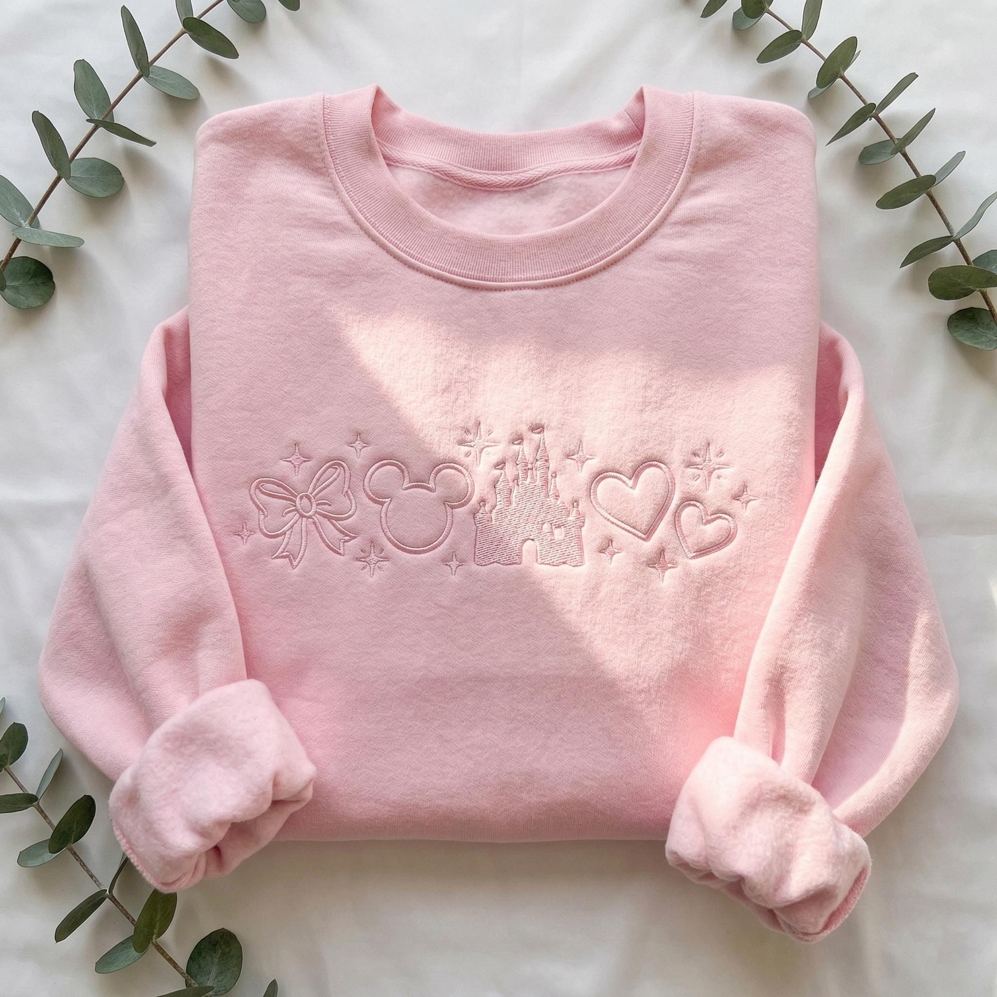 Embroidered Coquette Disney Castle Sweatshirt – Tone On Tone Disney Mouse Crewneck Shirt For Magical Park Trip Outfits