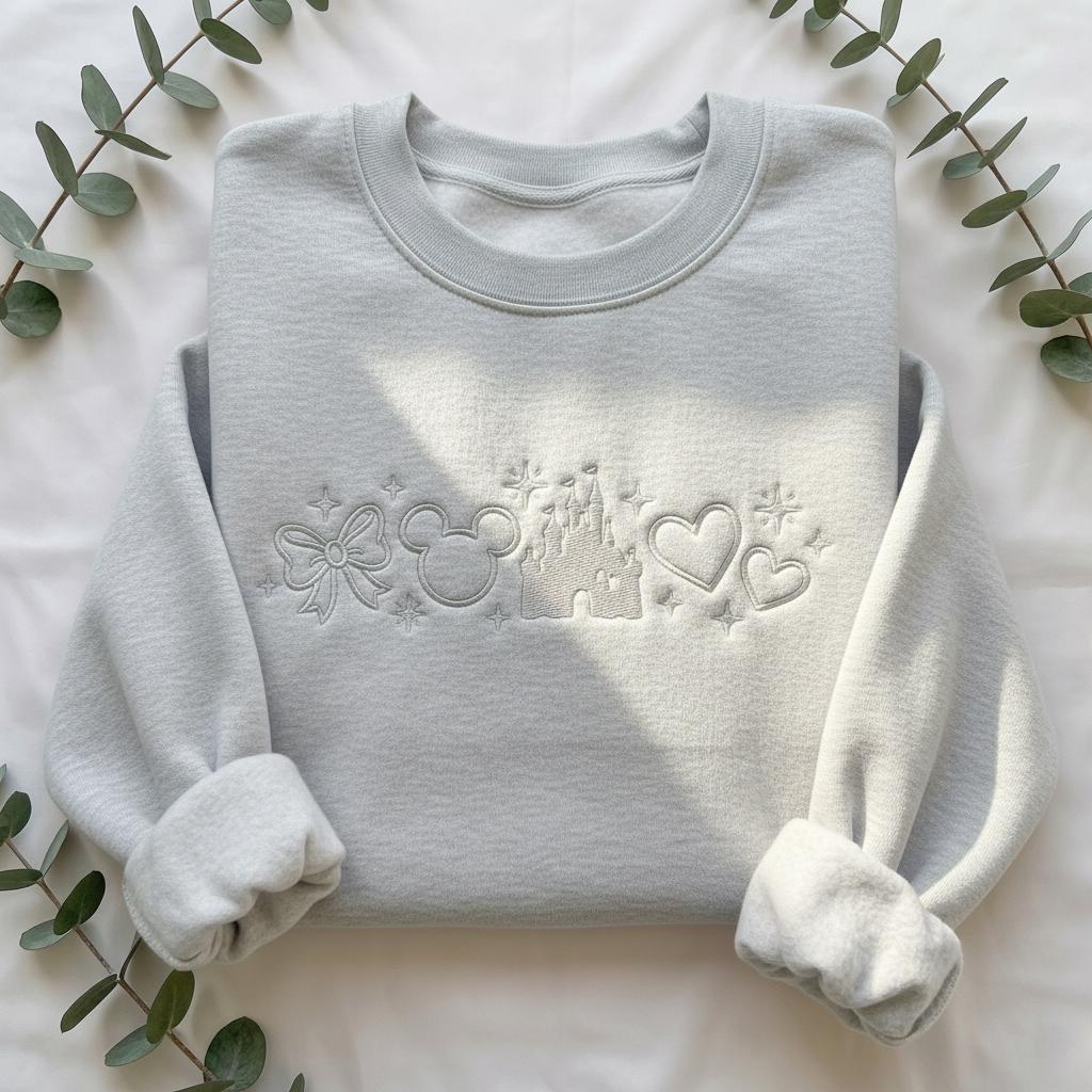 Embroidered Coquette Disney Castle Sweatshirt – Tone On Tone Disney Mouse Crewneck Shirt For Magical Park Trip Outfits - photo 5