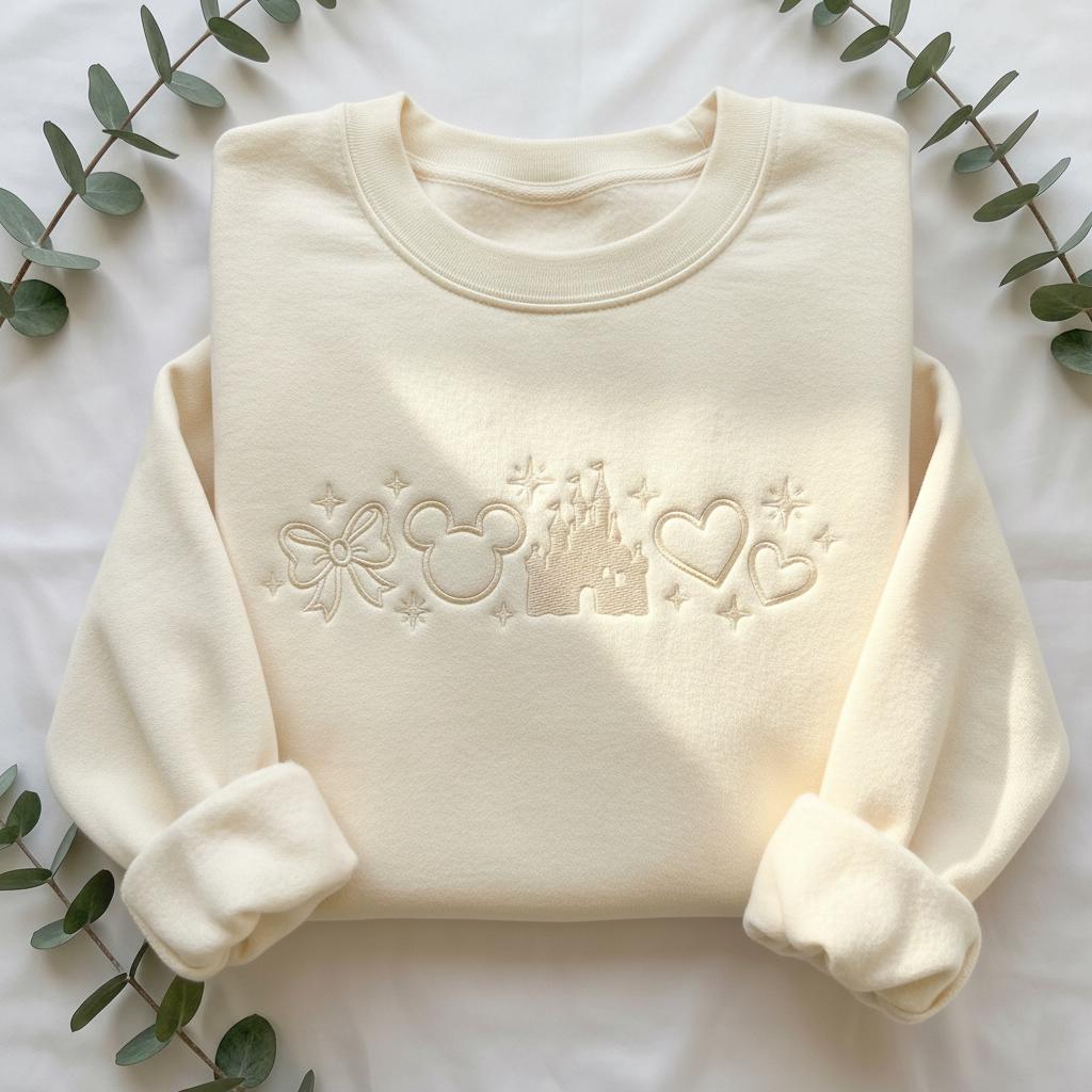 Embroidered Coquette Disney Castle Sweatshirt – Tone On Tone Disney Mouse Crewneck Shirt For Magical Park Trip Outfits