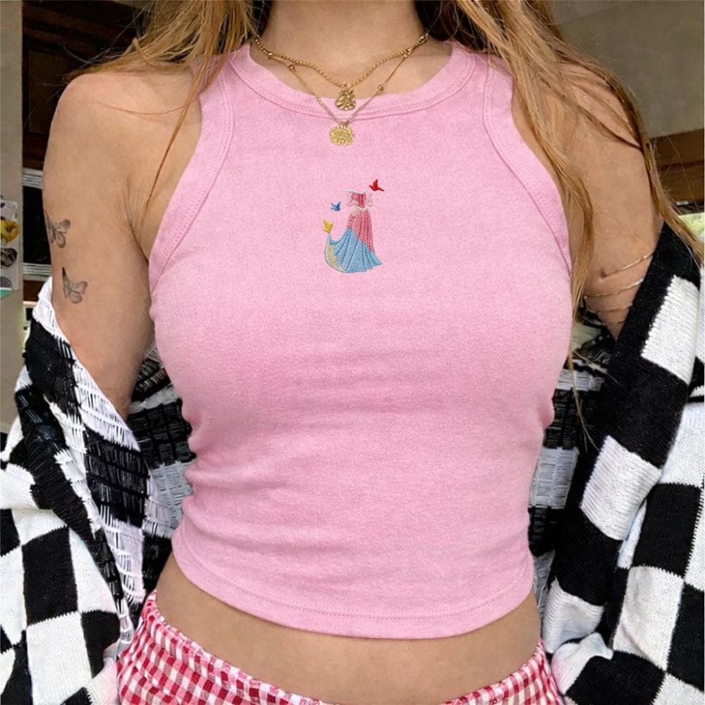 Embroidered Sleeping Beauty Aurora Tank Top With Make It Pink Make It Blue – Retro Disney Princess Castle Tee Shirt - photo 6