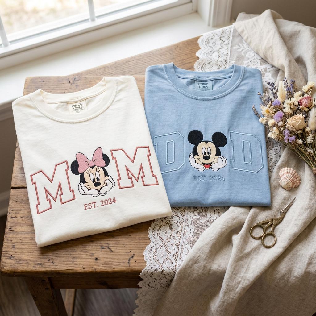 Embroidered Mom And Dad Disney Couple Mouse T-Shirt Or Sweatshirt – Family Matching Mother's Day And Father's Day Gift Shirt