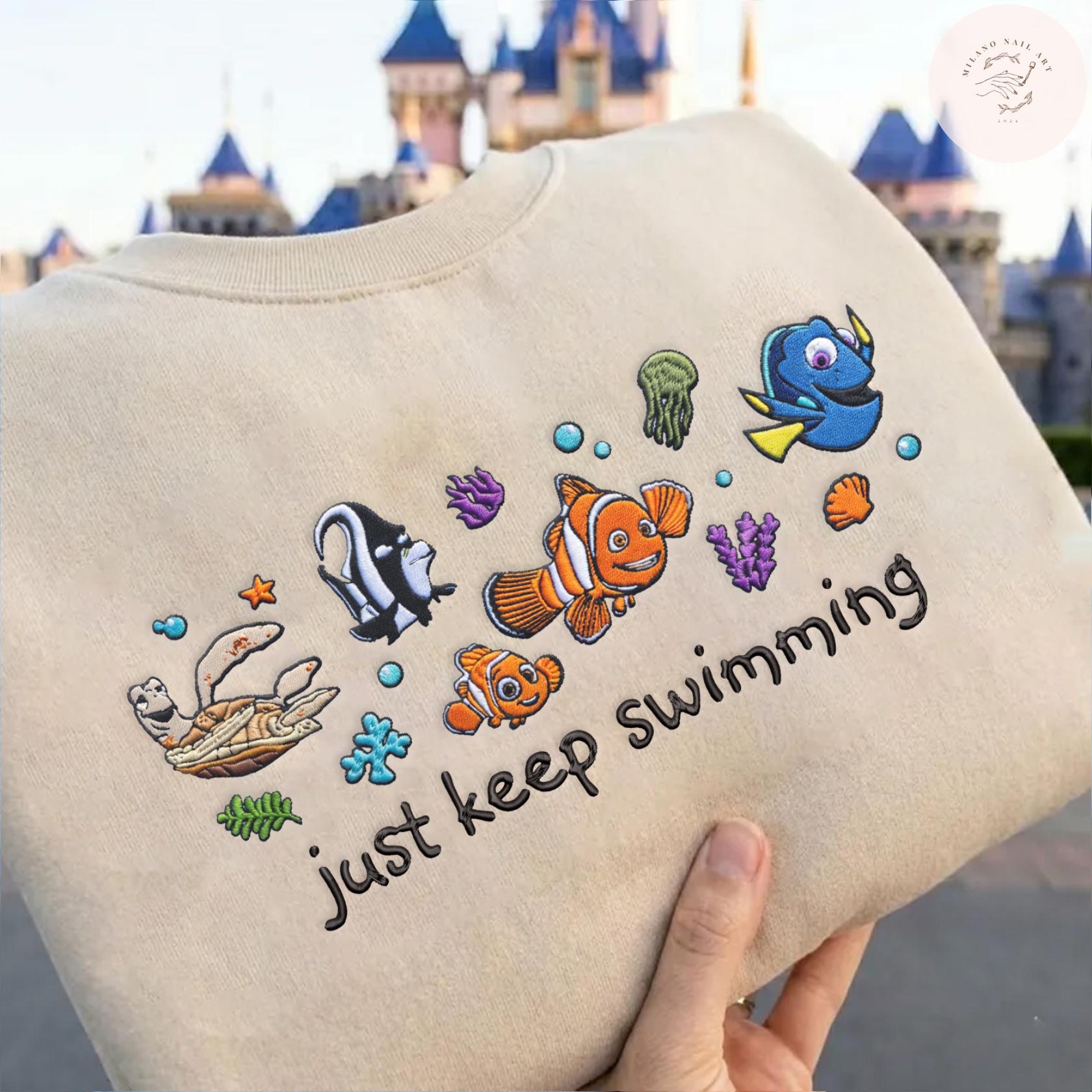Embroidered Finding Nemo Just Keep Swimming Tshirt Sweatshirt Or Hoodie – Finding Dory WDW Disney Family Vacation Trip Shirt