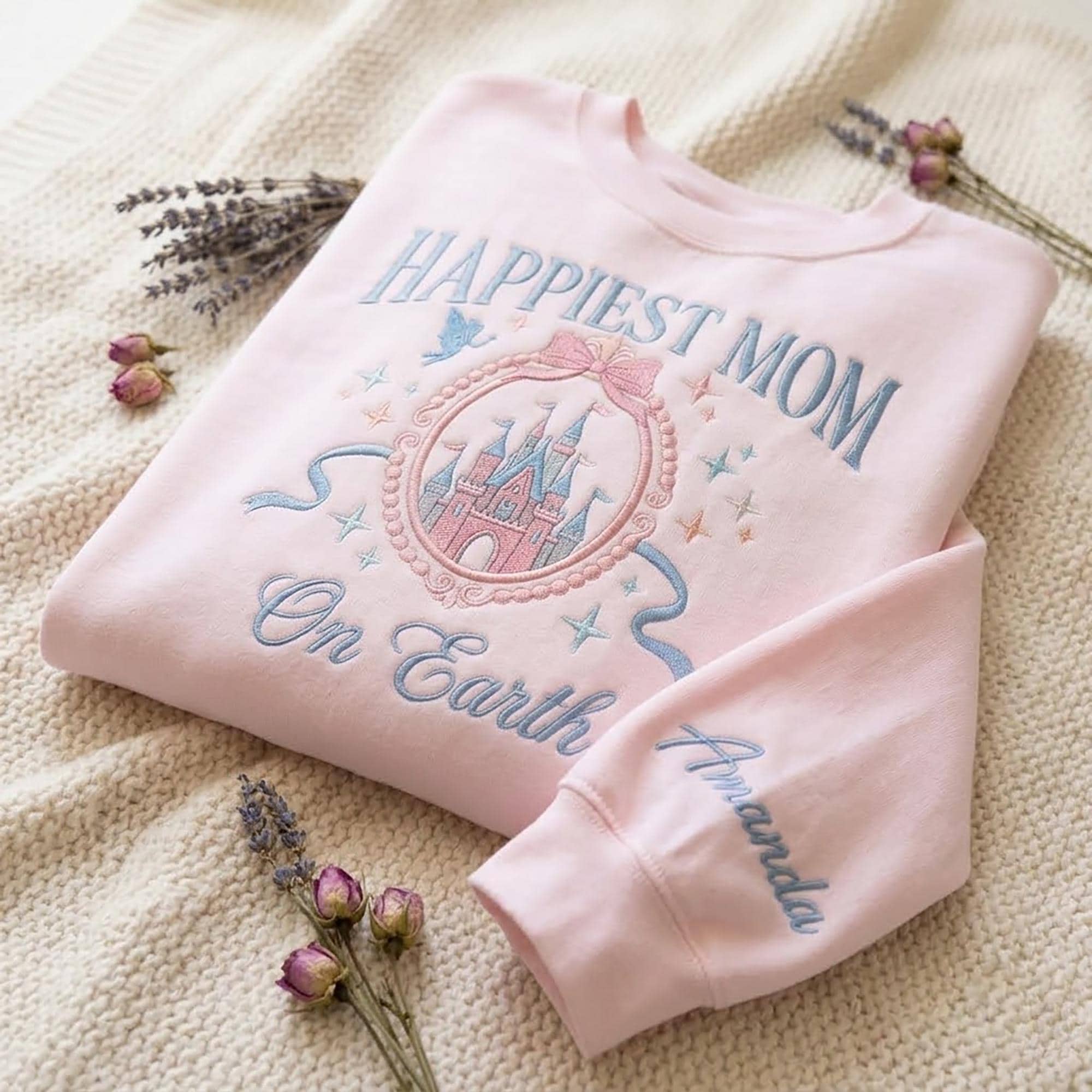 Embroidered Coquette Happiest Mom On Earth Mama Shirt – Magic Castle Bow Sweatshirt For A Family Trip And Mother's Day Gift