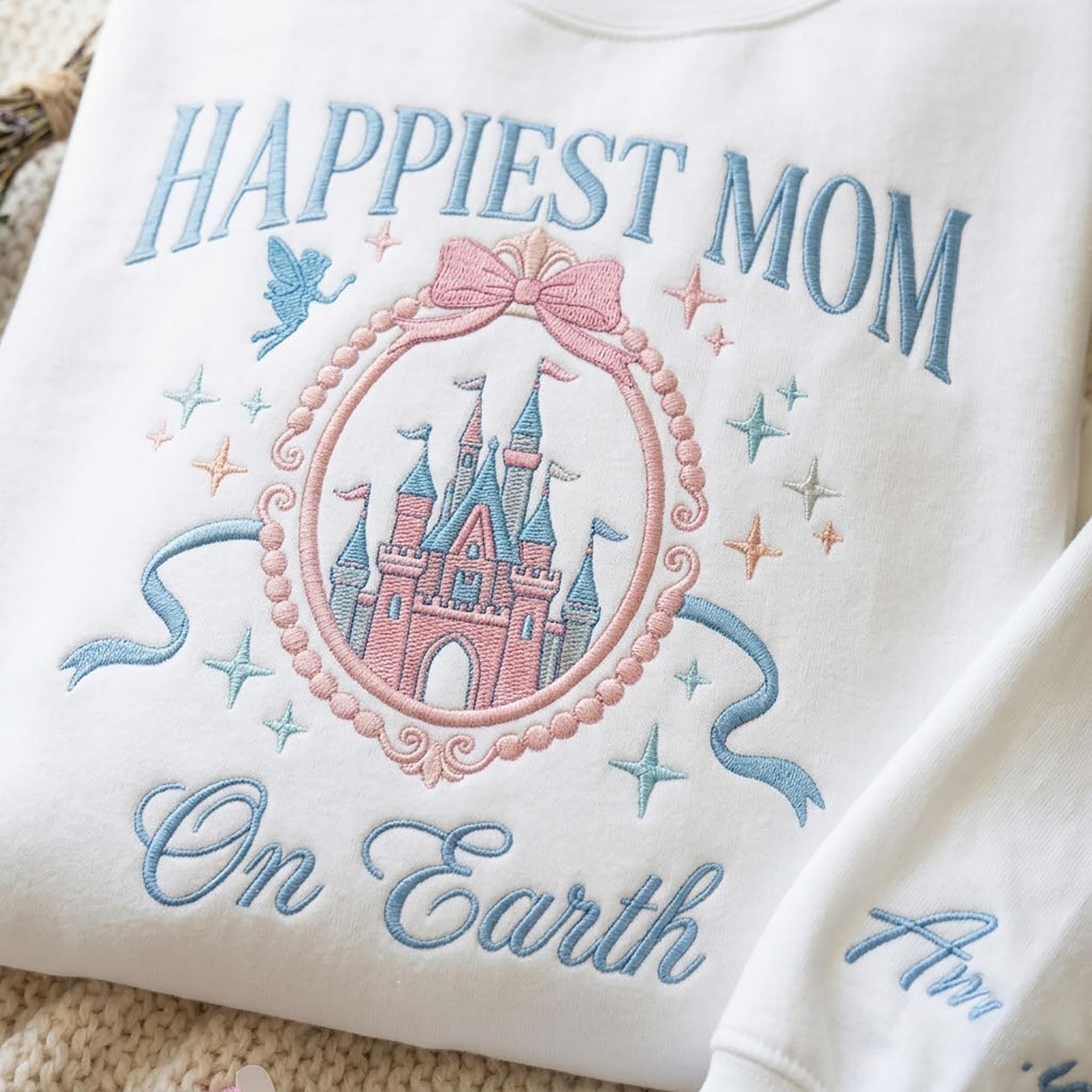 Embroidered Coquette Happiest Mom On Earth Mama Shirt – Magic Castle Bow Sweatshirt For A Family Trip And Mother's Day Gift - photo 2
