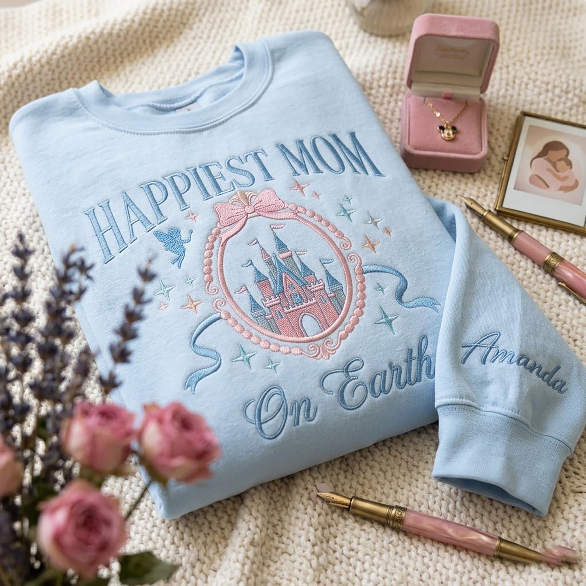 Embroidered Coquette Happiest Mom On Earth Mama Shirt – Magic Castle Bow Sweatshirt For A Family Trip And Mother's Day Gift - photo 3