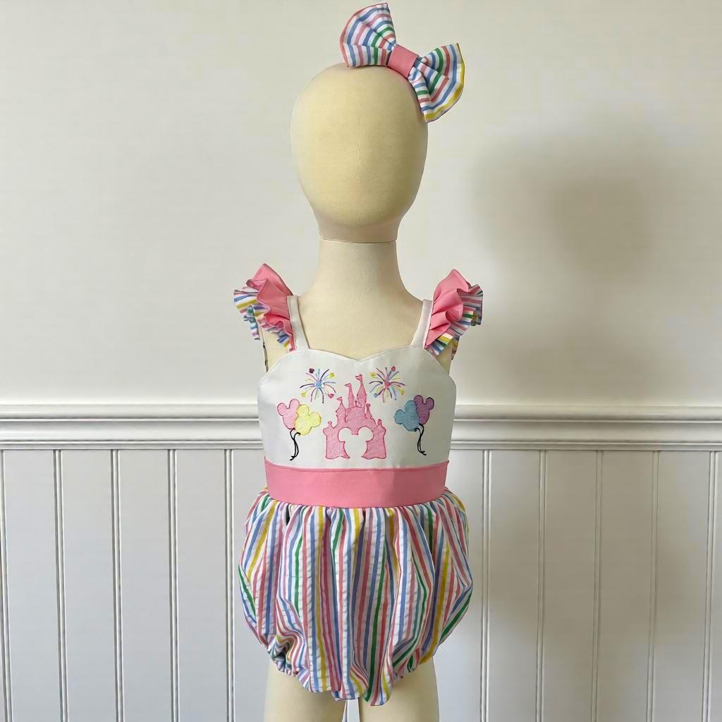 Custom Embroidered Mickey Balloons Castle Romper With Bow – Disney World Magic Kingdom Disneyland Cruise Birthday Outfit For Baby Girl - photo 2