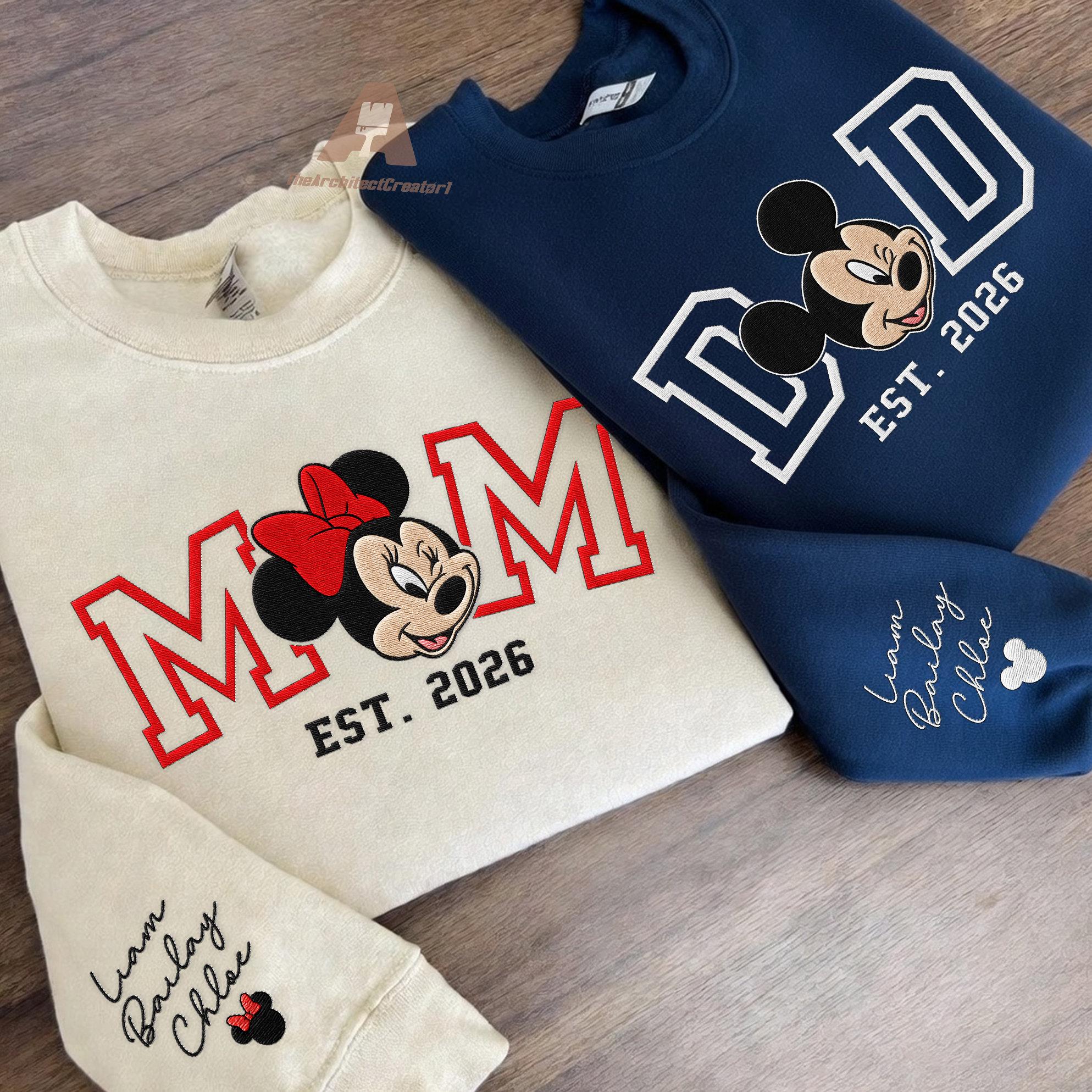 Retro Disney Minnie Mom And Mickey Dad Embroidered Sweatshirt – Minnie Mouse Mama And Mickey Mouse Family Couple Matching Shirt