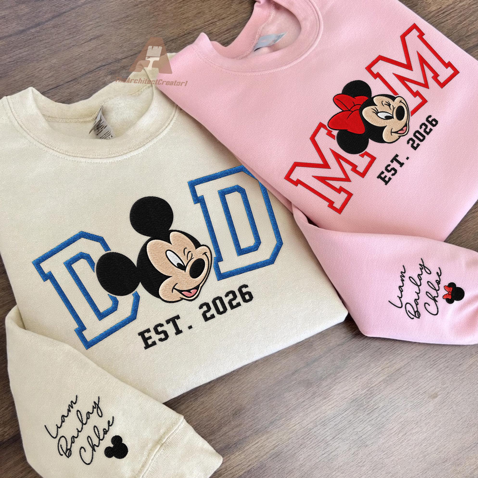 Retro Disney Minnie Mom And Mickey Dad Embroidered Sweatshirt – Minnie Mouse Mama And Mickey Mouse Family Couple Matching Shirt - photo 2