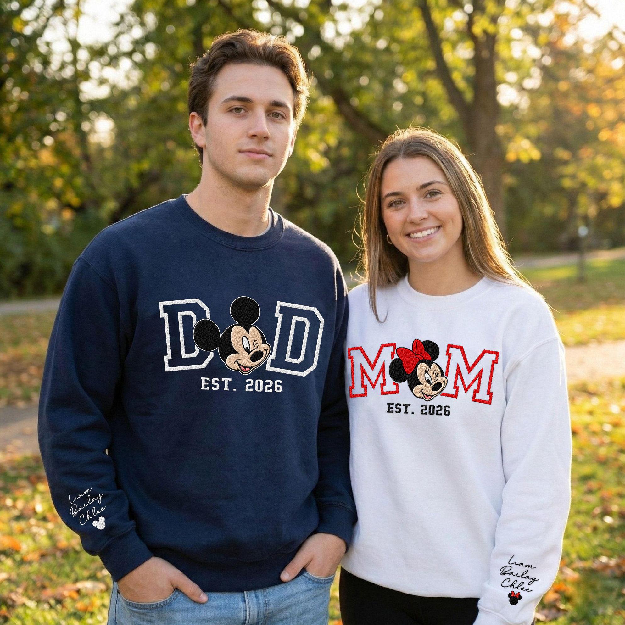 Retro Disney Minnie Mom And Mickey Dad Embroidered Sweatshirt – Minnie Mouse Mama And Mickey Mouse Family Couple Matching Shirt - photo 3