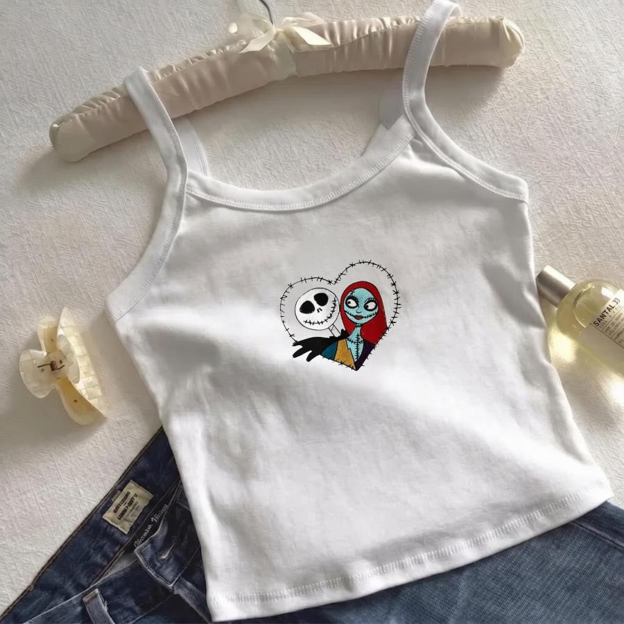 Embroidered Jack Skellington And Sally Tank Top – Nightmare Before Christmas Baby Tee And Spooky Disney Halloween Couple Top - photo 3
