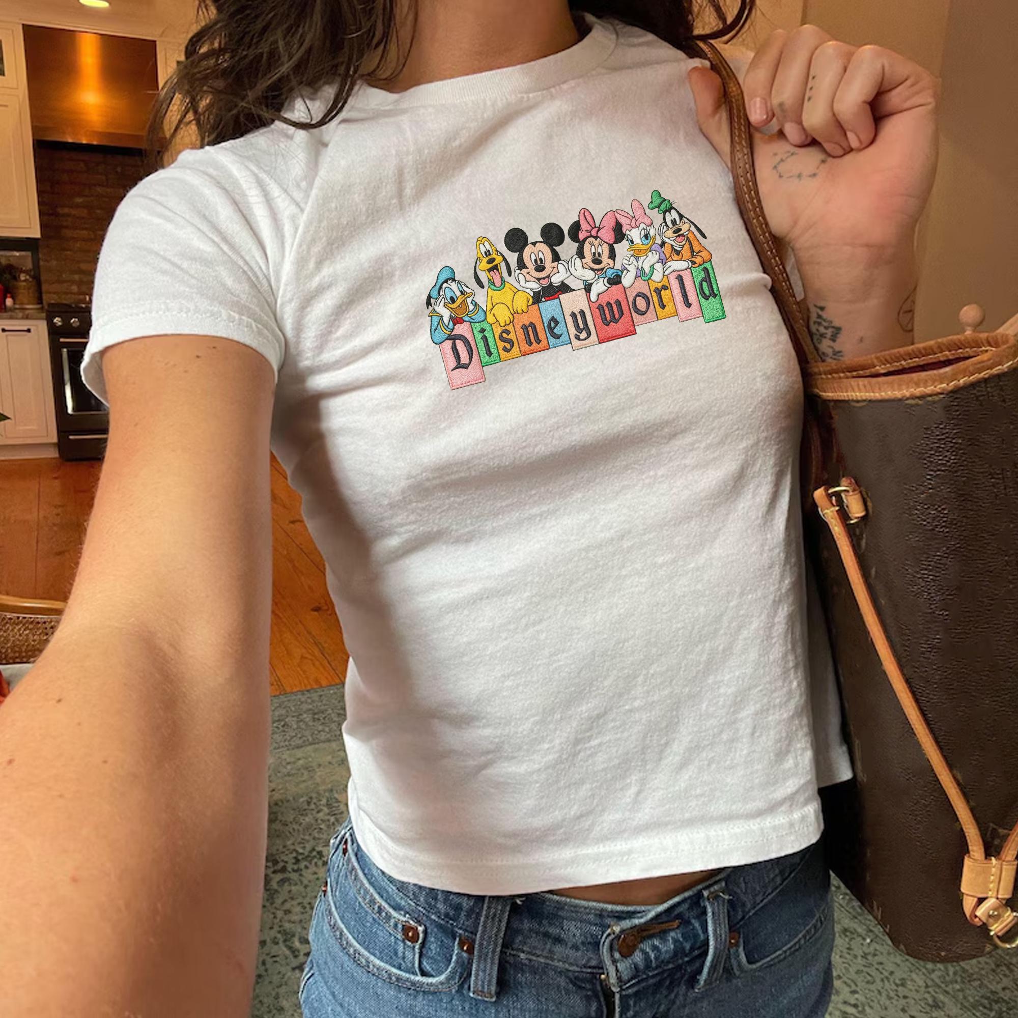 Disney World Embroidered Baby Tee With Mickey And Minnie – Fitted Cropped Disney Shirt For A Magic Kingdom Trip Outfit