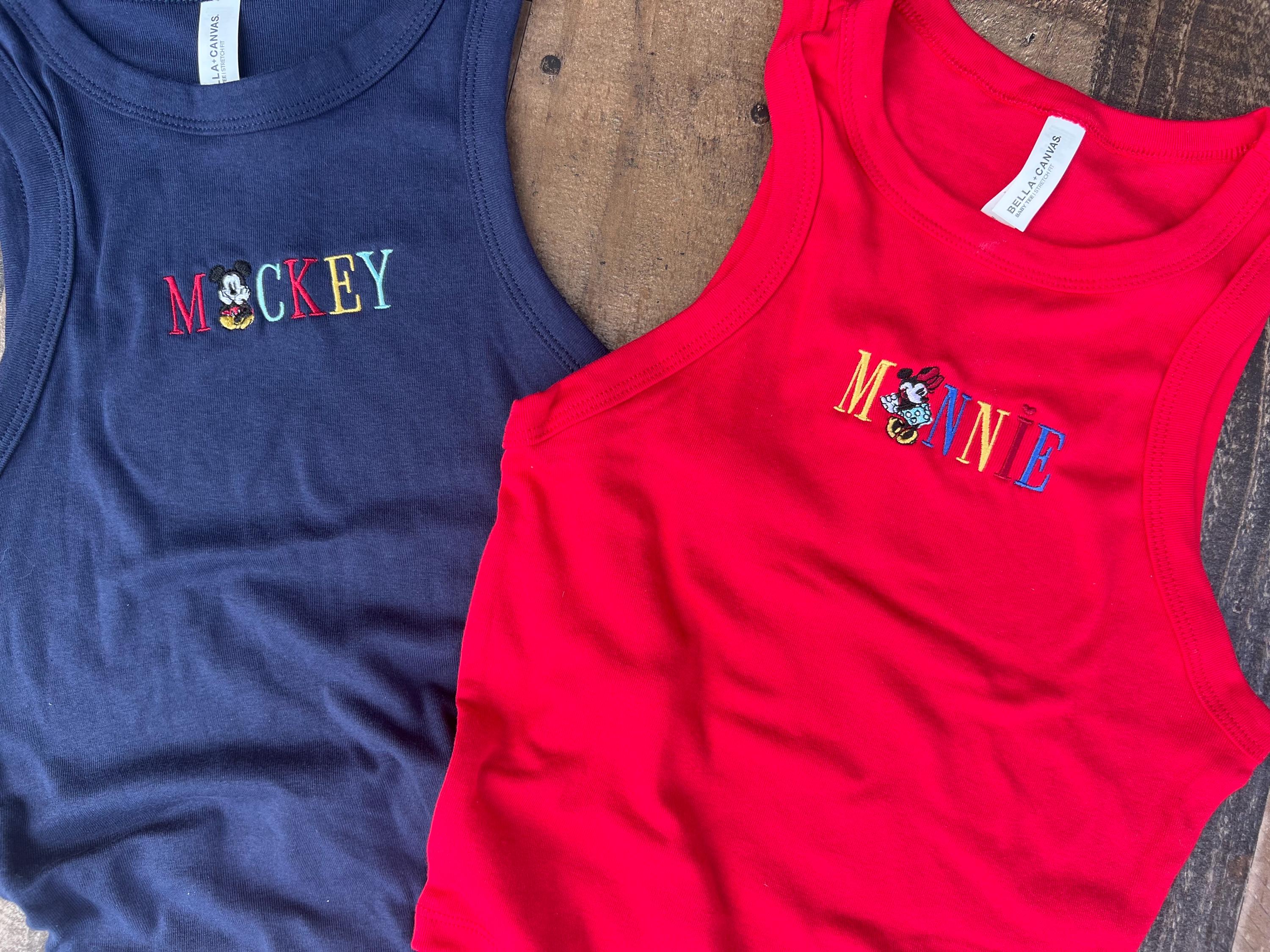 Retro Minnie Mouse Embroidery Red Tank And Mickey Red Baby Tee – Old School Magic Kingdom Navy WDW Summer Unisex Tshirt