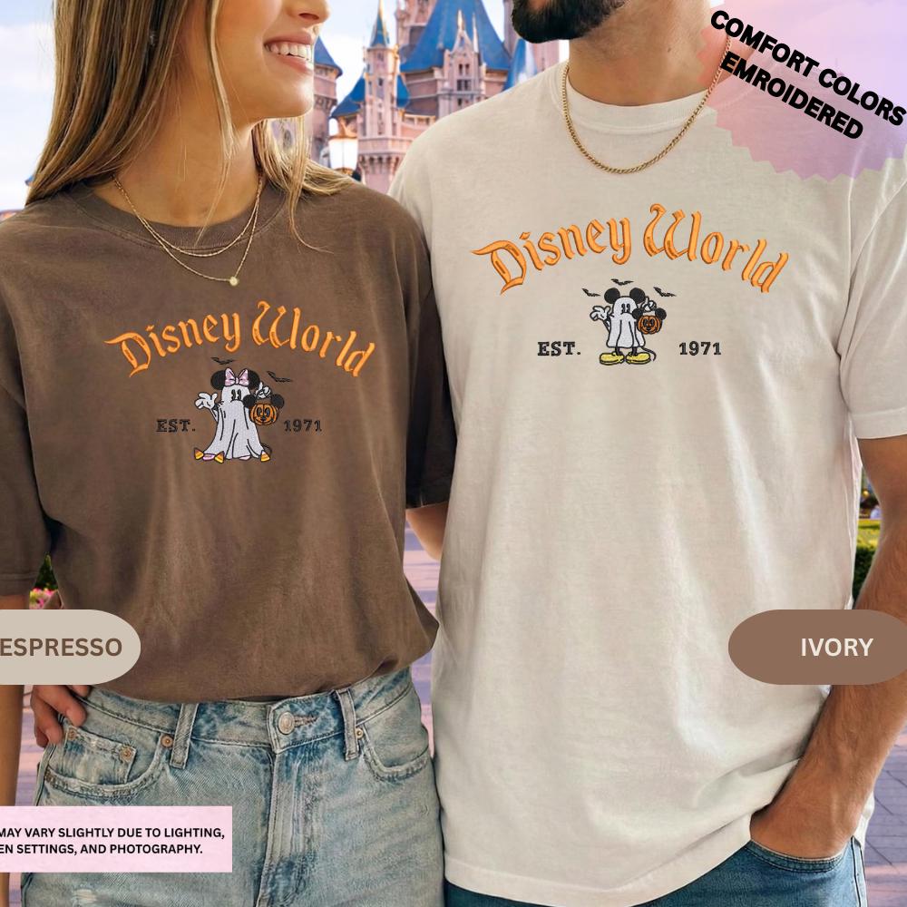Embroidered Mickey And Minnie Halloween Comfort Colors Shirt – Disney Couple Ghost Embroidery Tee For Spooky Season Disneyland Matching