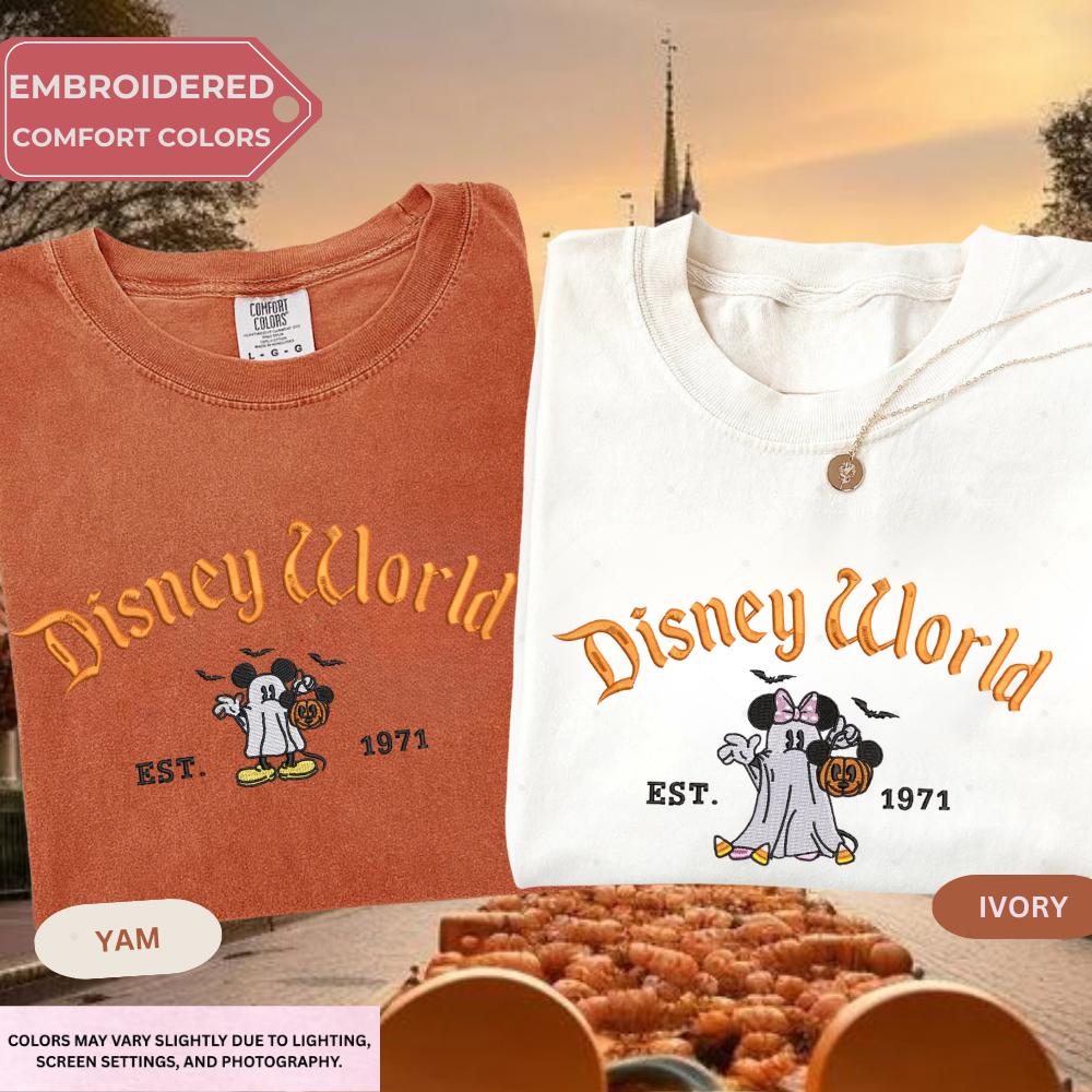 Embroidered Mickey And Minnie Halloween Comfort Colors Shirt – Disney Couple Ghost Embroidery Tee For Spooky Season Disneyland Matching - photo 2