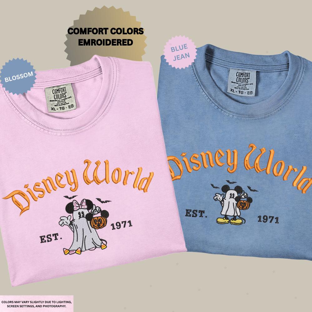 Embroidered Mickey And Minnie Halloween Comfort Colors Shirt – Disney Couple Ghost Embroidery Tee For Spooky Season Disneyland Matching - photo 5