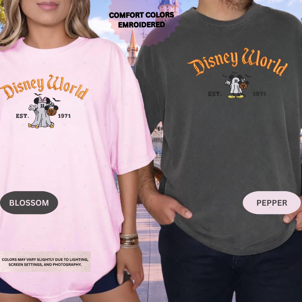 Embroidered Mickey And Minnie Halloween Comfort Colors Shirt – Disney Couple Ghost Embroidery Tee For Spooky Season Disneyland Matching - photo 12