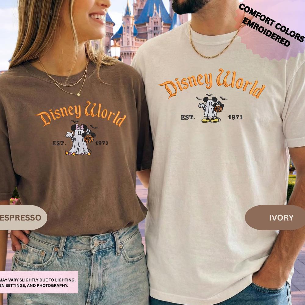 Embroidered Mickey And Minnie Halloween Comfort Colors Shirt – Disney Couple Ghost Embroidery Tee For Spooky Season Disneyland Matching - photo 20