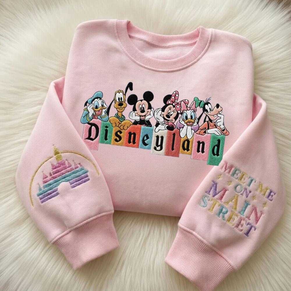 Embroidered Mouse and Friend Meet Me on Main Street Sweatshirt – Magic Kingdom Disneyland Sweater for Family Disney Trips