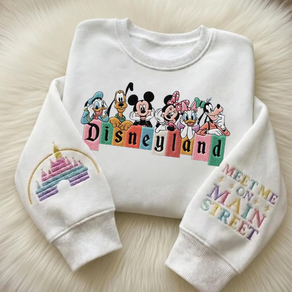 Embroidered Mouse and Friend Meet Me on Main Street Sweatshirt – Magic Kingdom Disneyland Sweater for Family Disney Trips - photo 2
