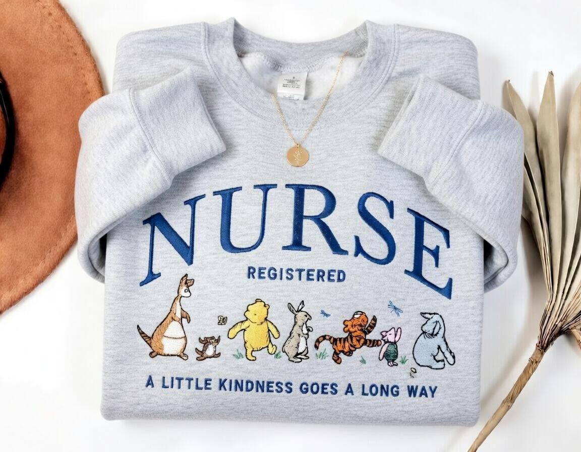 Winnie the Pooh Bear and Friends Embroidered Nurse Sweatshirt – Registered Nurse Life Crewneck and Disney Nursing Gift