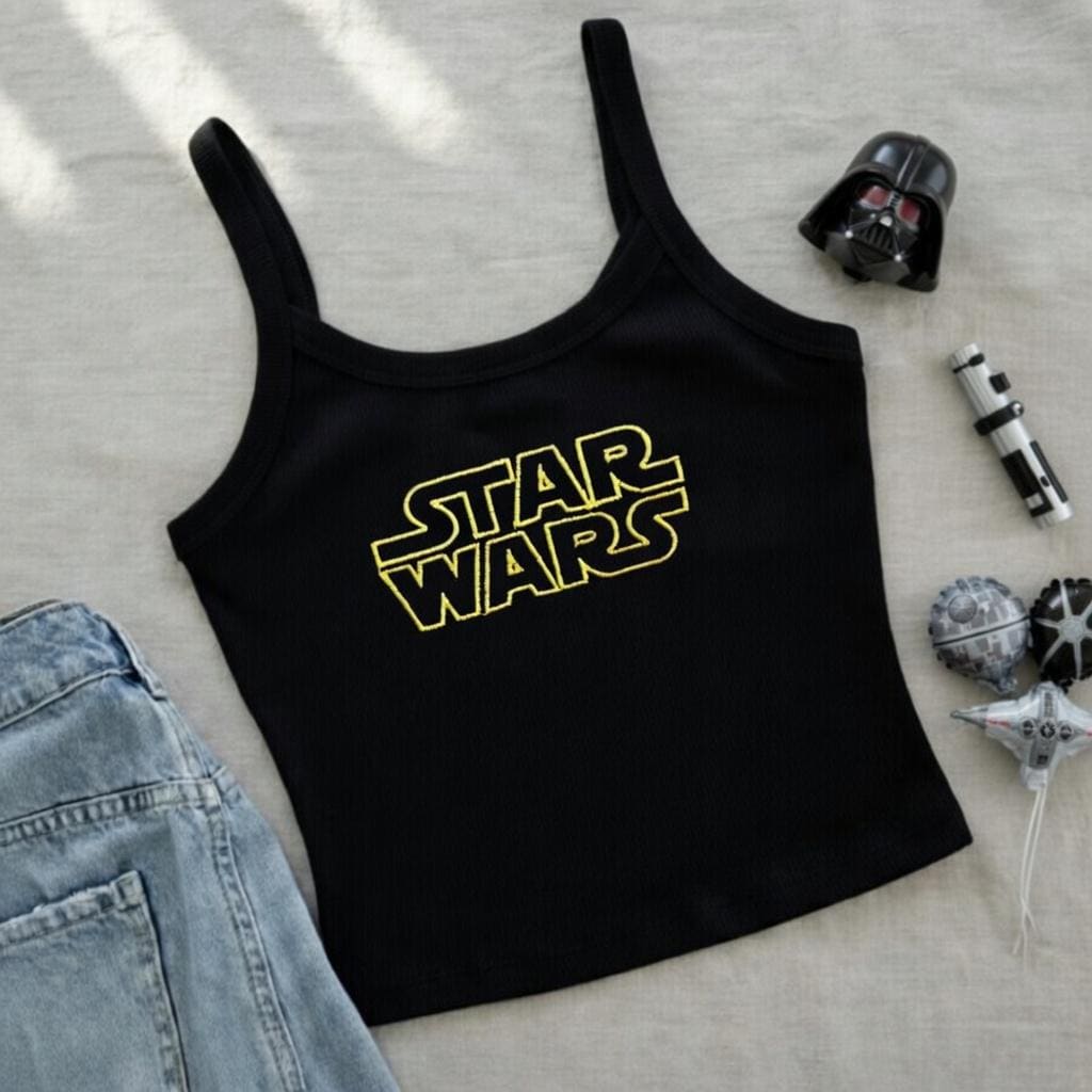 Embroidered Disney Star Wars Logo Ribbed Tank Top – Sci-Fi Aesthetic Y2K Baby Tee for Disneyland Vacation Trips