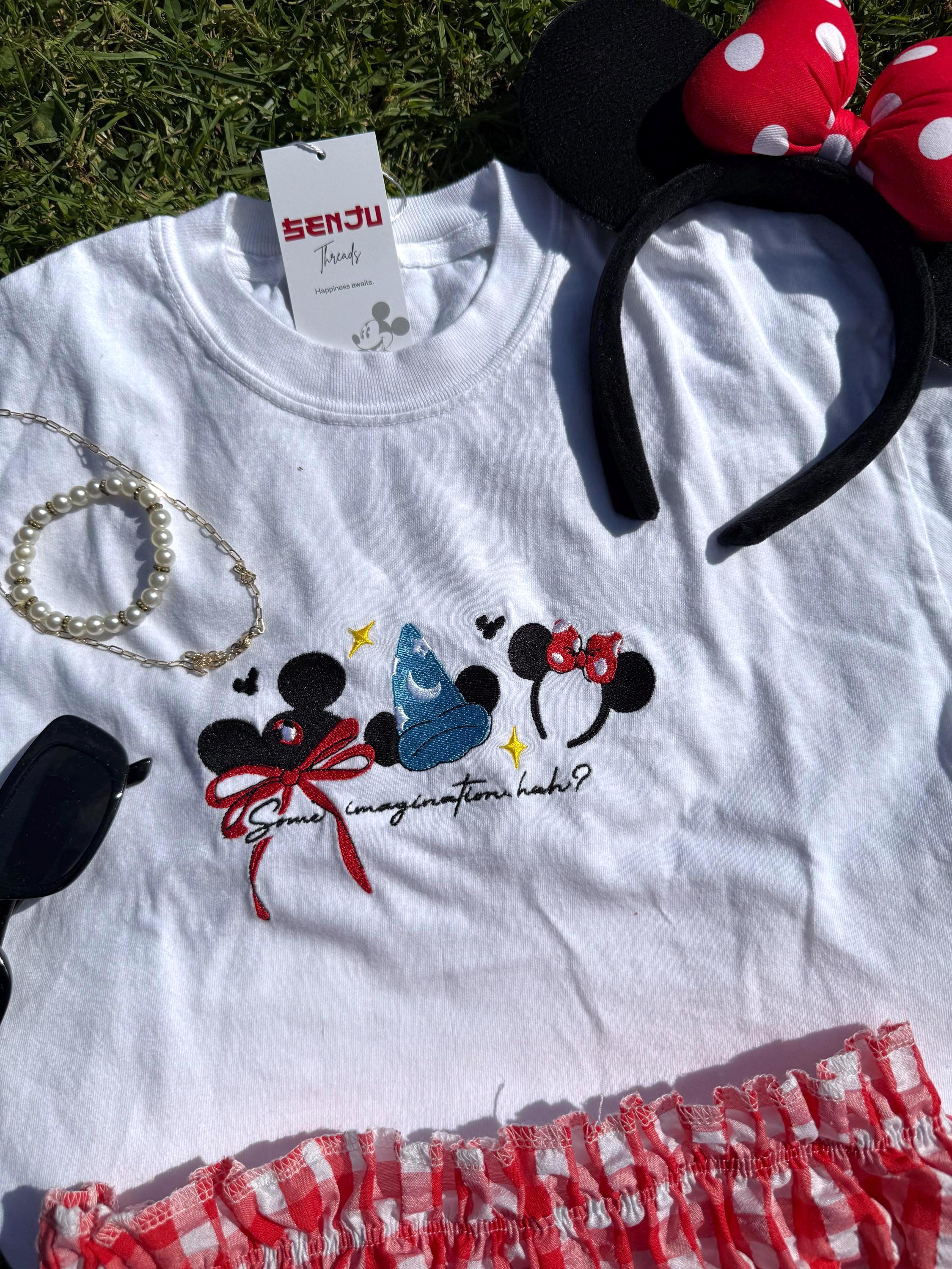 Vintage Sorcerer Mickey Embroidered Shirt with Some Imagination Huh Quote – Classic Magic Themed Fan Tee for Adults