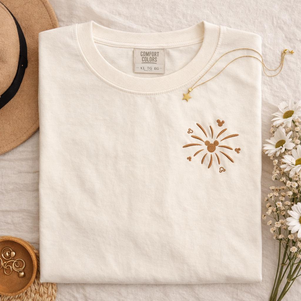 Embroidered Disney Fireworks Pocket Tee in Comfort Colors – Magical Family Vacation Shirt Gift for Disney Trip Crews