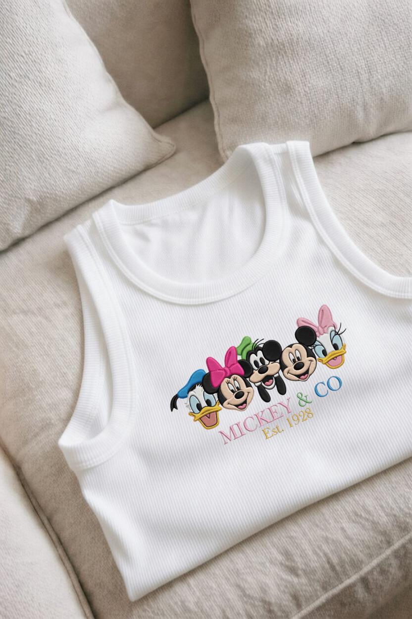 Mouse and Friend Embroidered Tank Top – Girly Y2K Aesthetic Tee for WDW World Trip Outfits and Park Days - photo 2