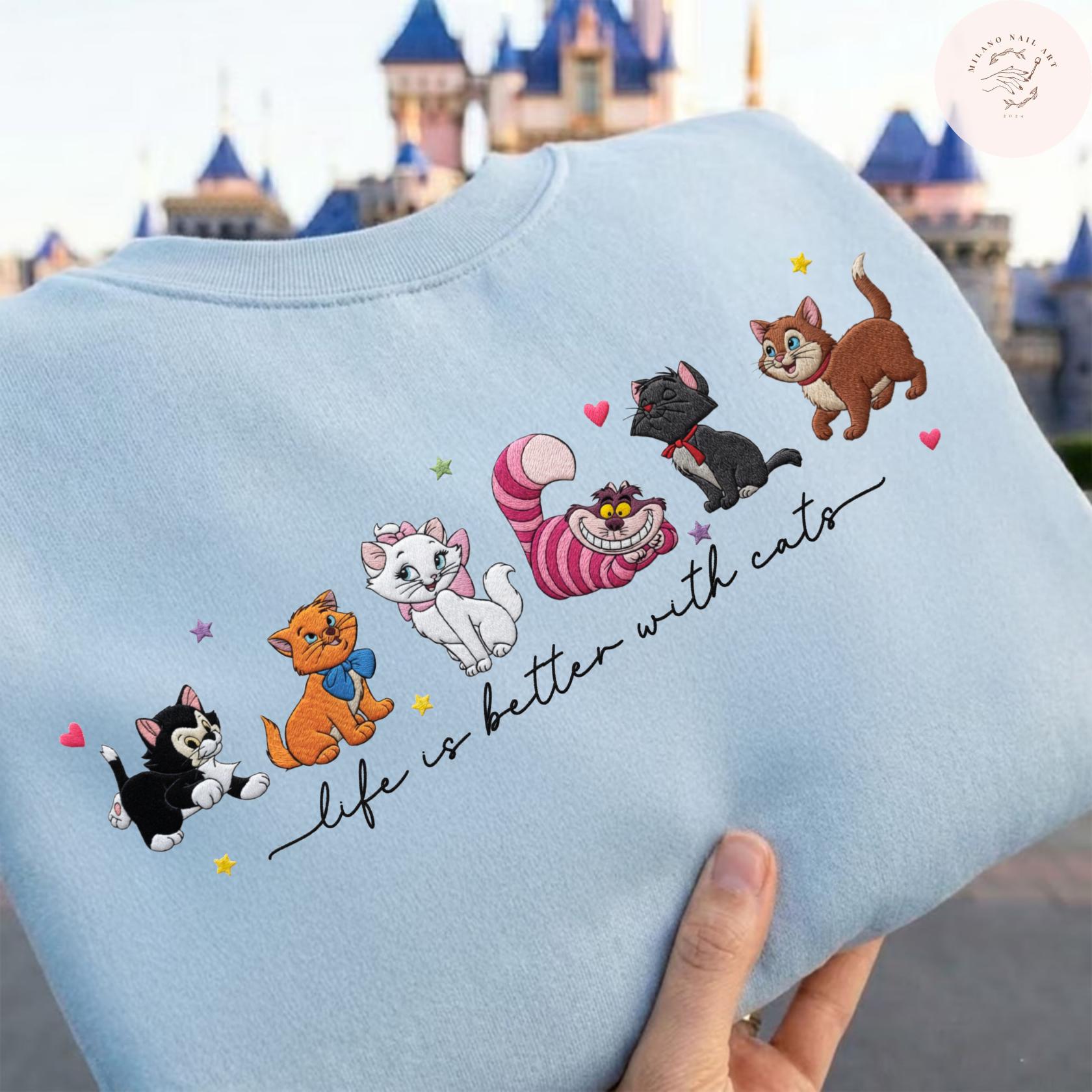 Embroidered Disney Cats T Shirt Sweatshirt Hoodie with Cheshire Cat Lucifer Yzma and Aristocats – All Characters Pet Lovers Tee