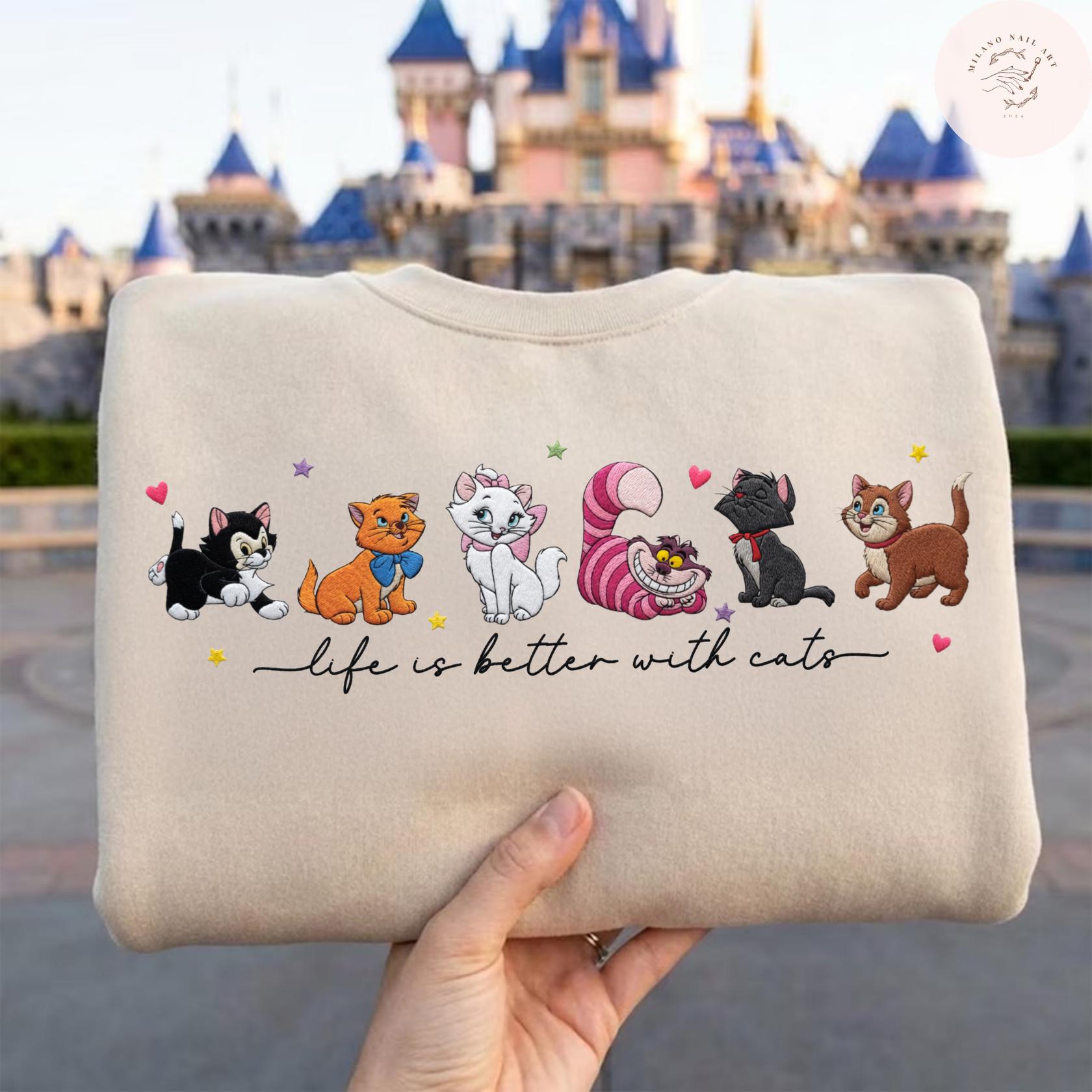 Embroidered Disney Cats T Shirt Sweatshirt Hoodie with Cheshire Cat Lucifer Yzma and Aristocats – All Characters Pet Lovers Tee - photo 2