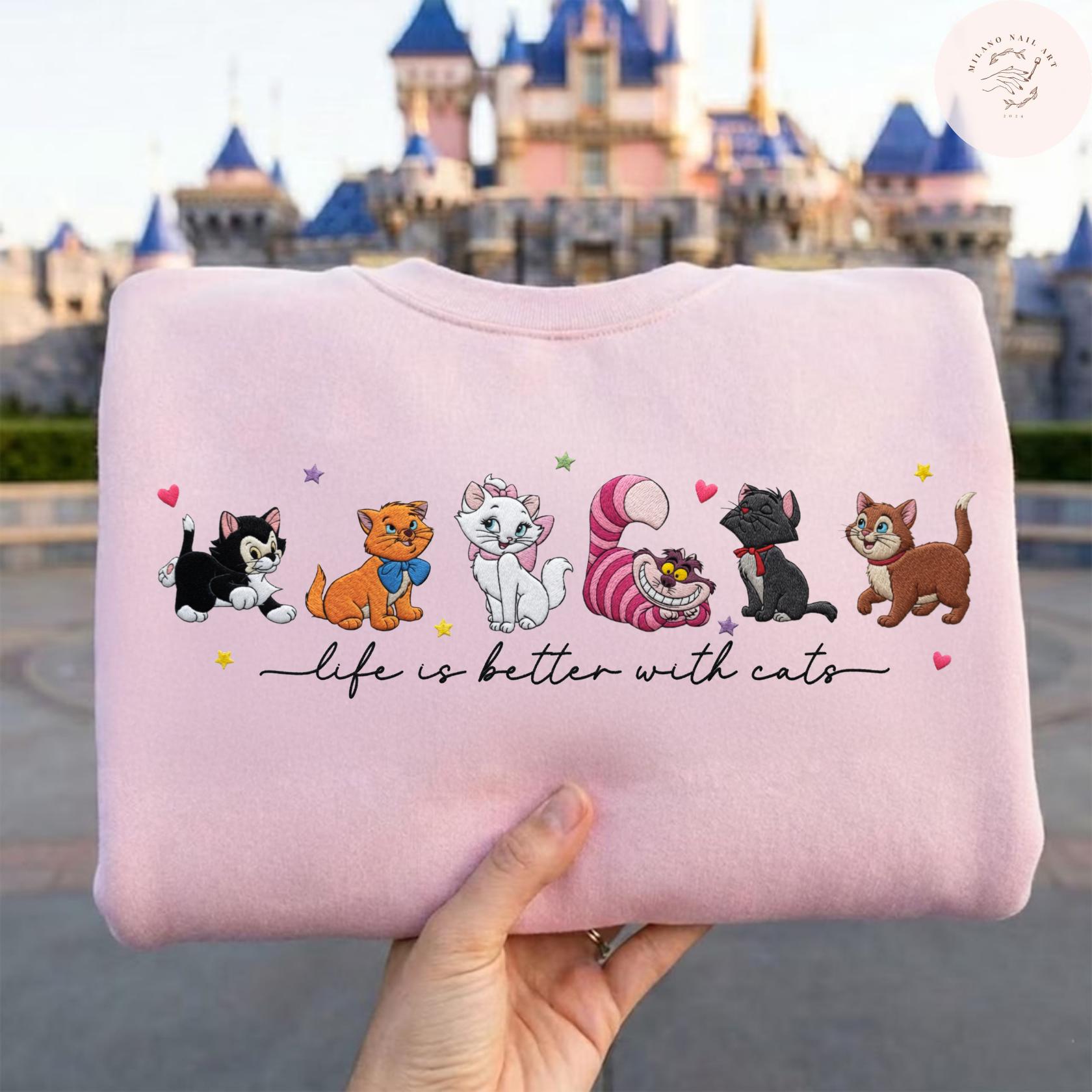 Embroidered Disney Cats T Shirt Sweatshirt Hoodie with Cheshire Cat Lucifer Yzma and Aristocats – All Characters Pet Lovers Tee - photo 3
