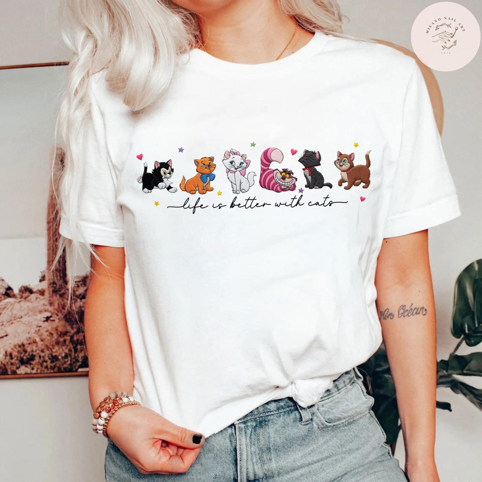 Embroidered Disney Cats T Shirt Sweatshirt Hoodie with Cheshire Cat Lucifer Yzma and Aristocats – All Characters Pet Lovers Tee - photo 5