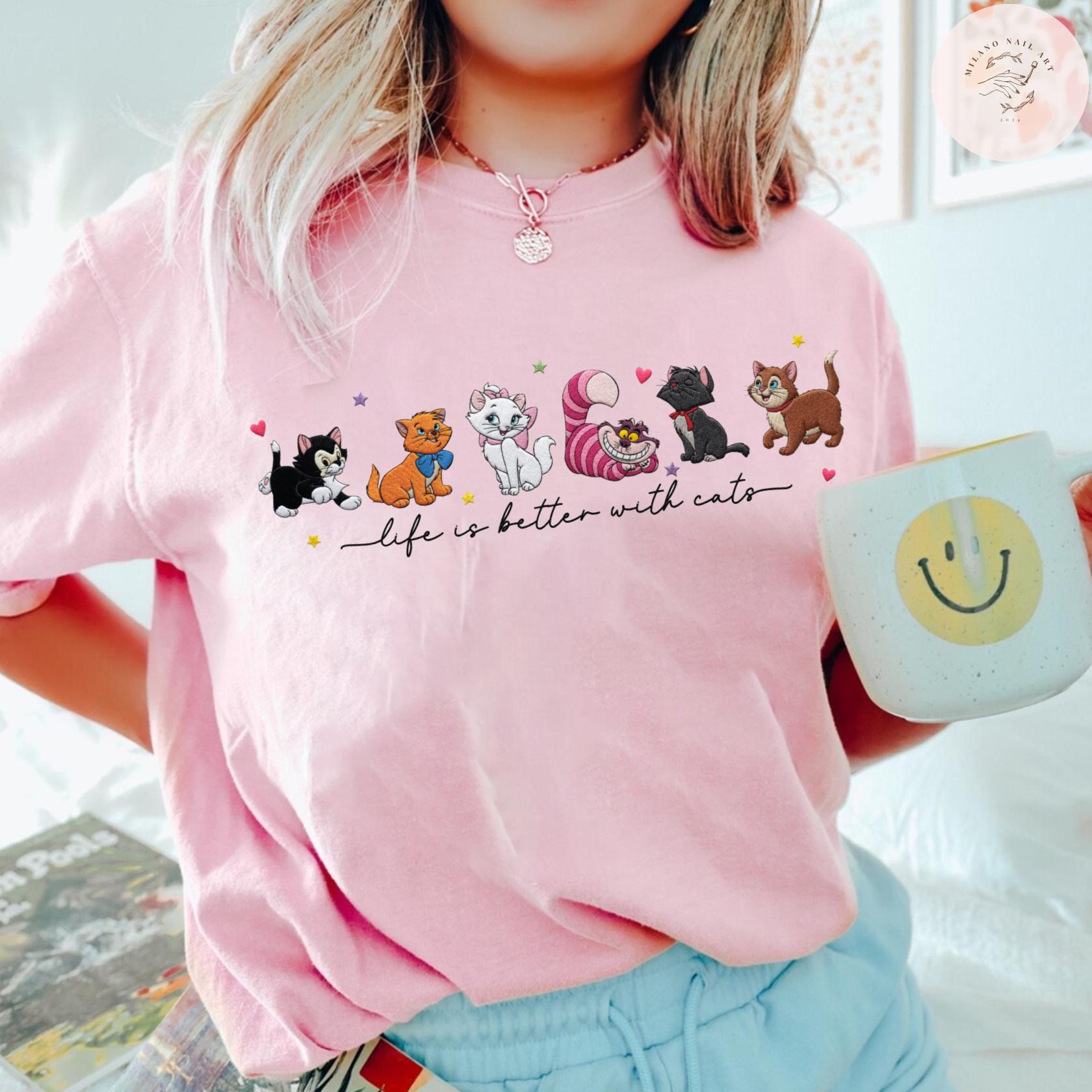 Embroidered Disney Cats T Shirt Sweatshirt Hoodie with Cheshire Cat Lucifer Yzma and Aristocats – All Characters Pet Lovers Tee - photo 6