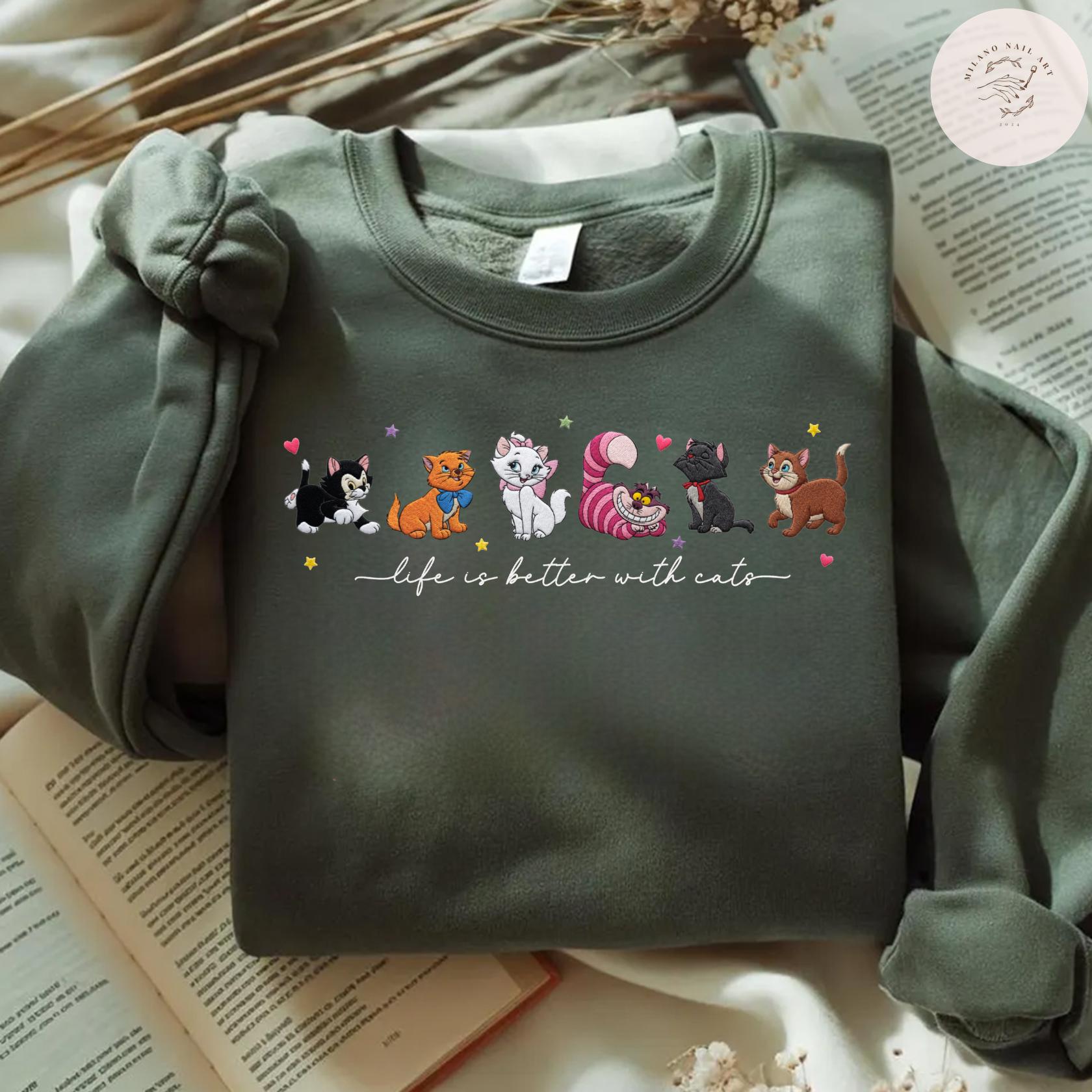 Embroidered Disney Cats T Shirt Sweatshirt Hoodie with Cheshire Cat Lucifer Yzma and Aristocats – All Characters Pet Lovers Tee - photo 7