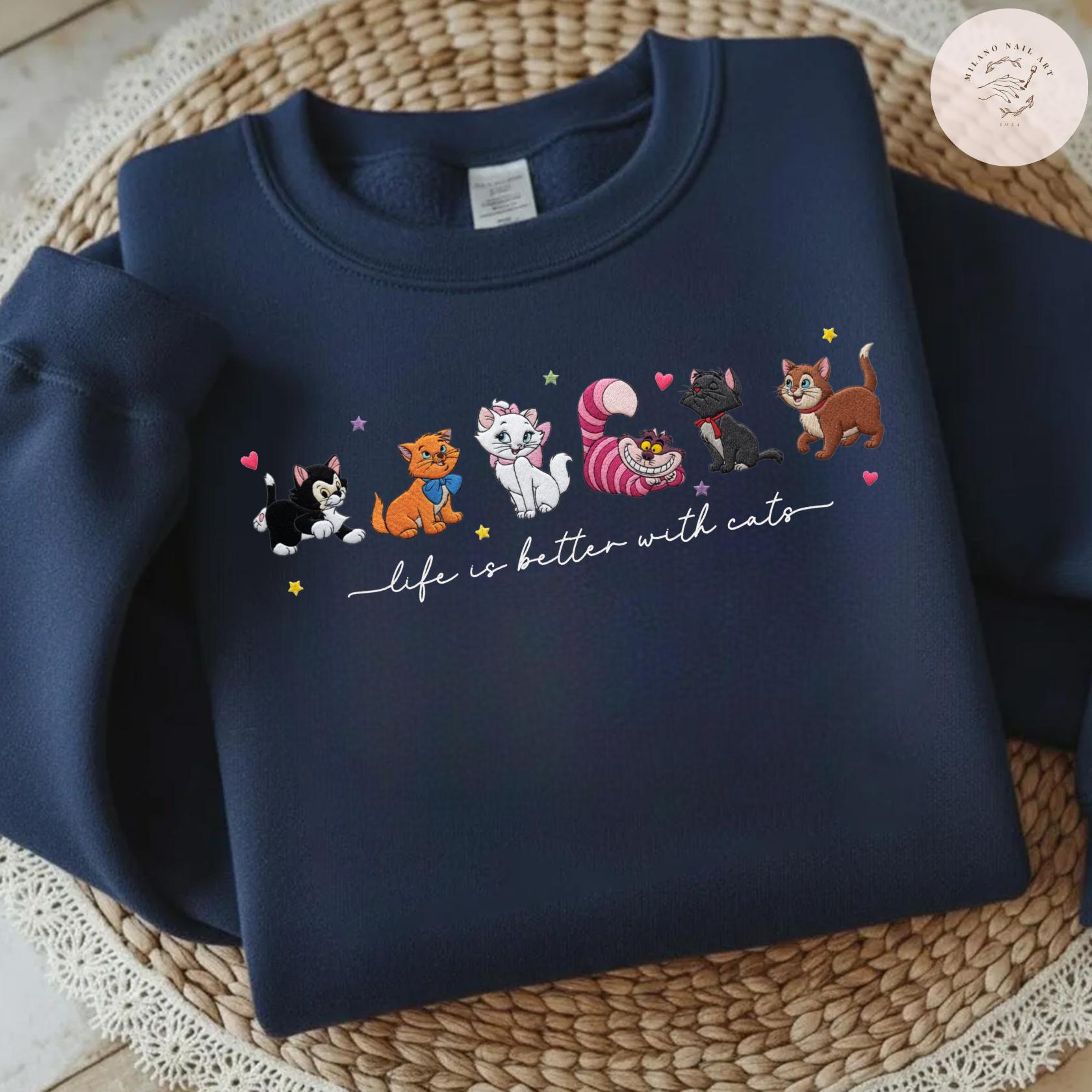 Embroidered Disney Cats T Shirt Sweatshirt Hoodie with Cheshire Cat Lucifer Yzma and Aristocats – All Characters Pet Lovers Tee - photo 8
