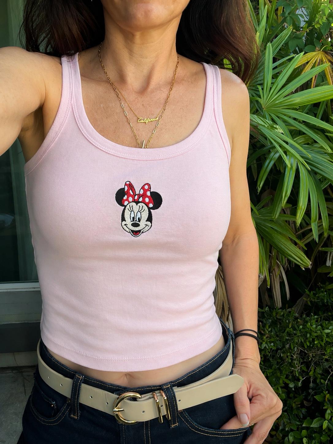 Minnie and Mickey Embroidered Cami Spaghetti Strap Tank – Pink Womens Disney Theme Park Top for Magical Vacation Style