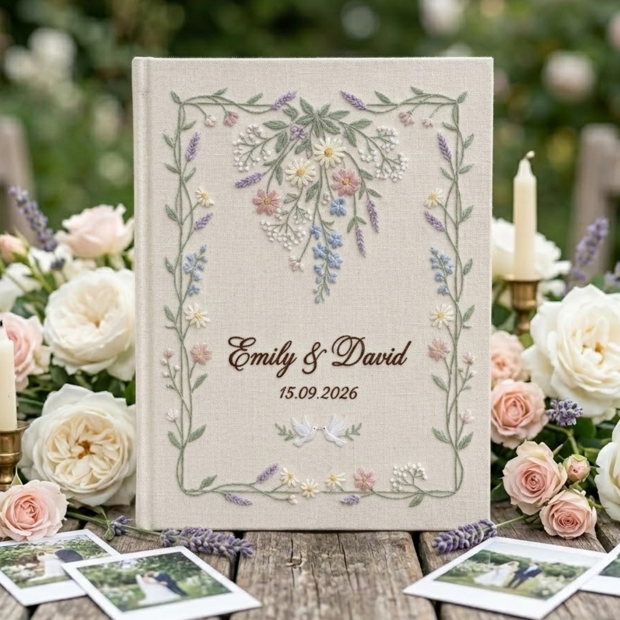 Custom Embroidered Linen Wedding Guest Book And Personalized Floral Polaroid Photo Guestbook Album, Wedding Memory Keepsake Gift