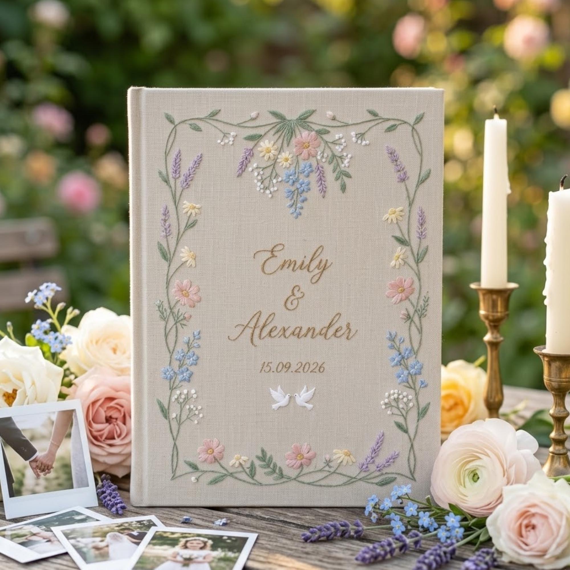 Custom Embroidered Linen Wedding Guest Book And Personalized Floral Polaroid Photo Guestbook Album, Wedding Memory Keepsake Gift - photo 2