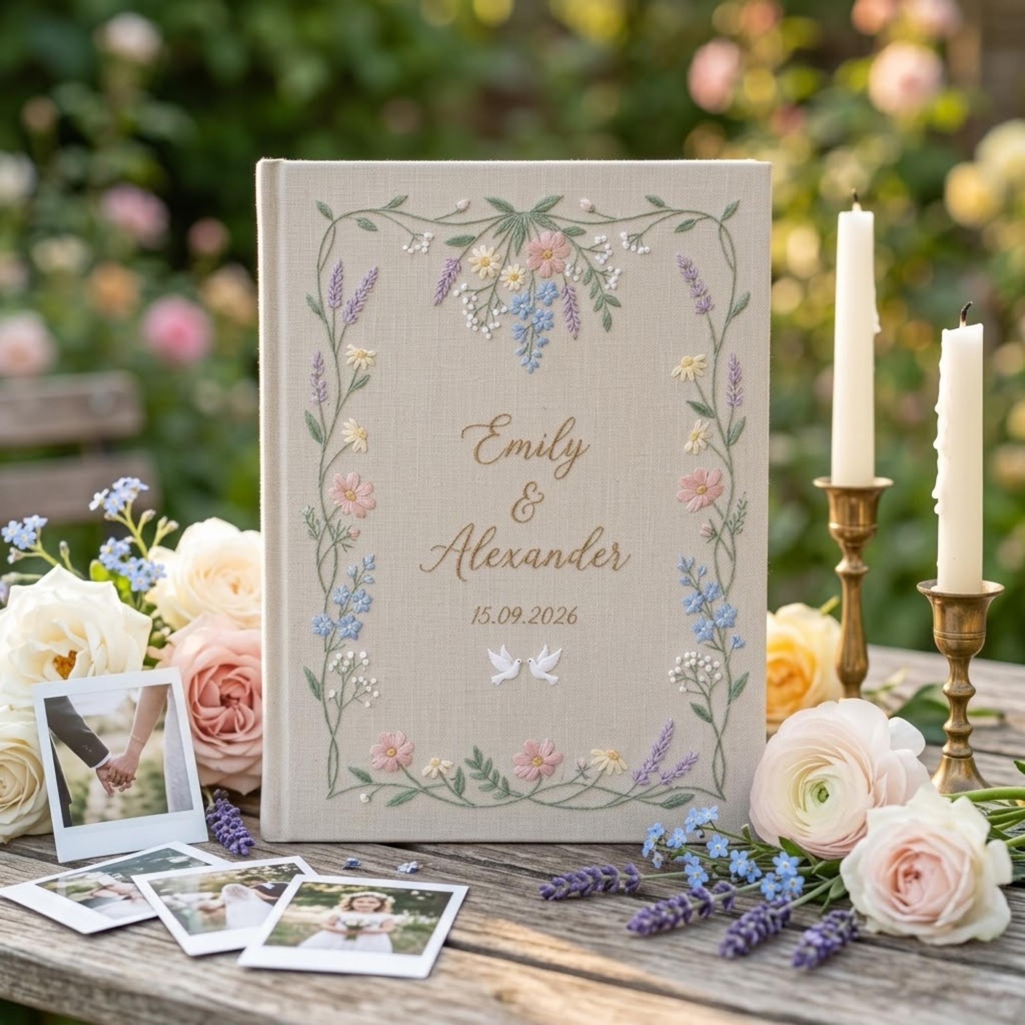 Custom Embroidered Linen Wedding Guest Book And Personalized Floral Polaroid Photo Guestbook Album, Wedding Memory Keepsake Gift - photo 10